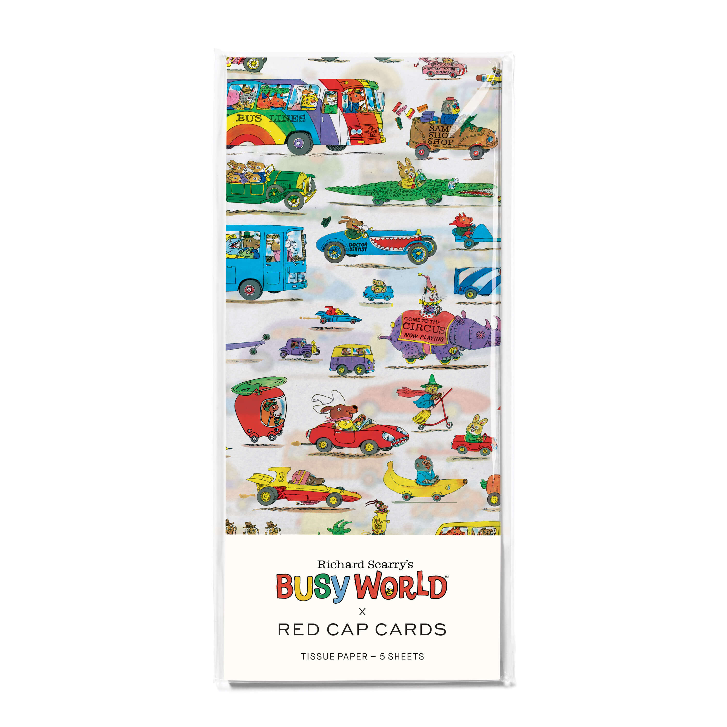 Tissue Paper Pack with Richard Scarry's Busy World illustrated car designs on white background.