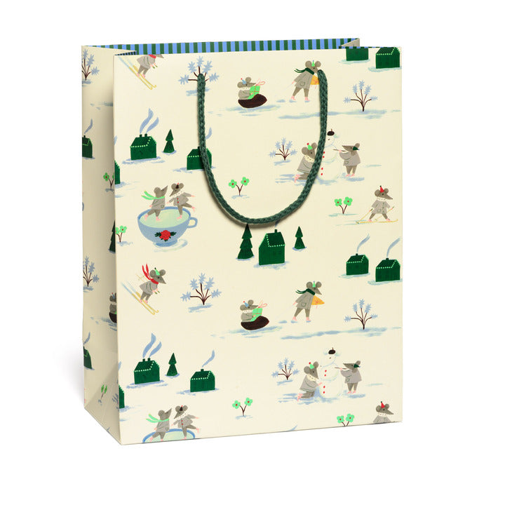Large Gift bag with winter scene design featuring mice and trees on a white background.